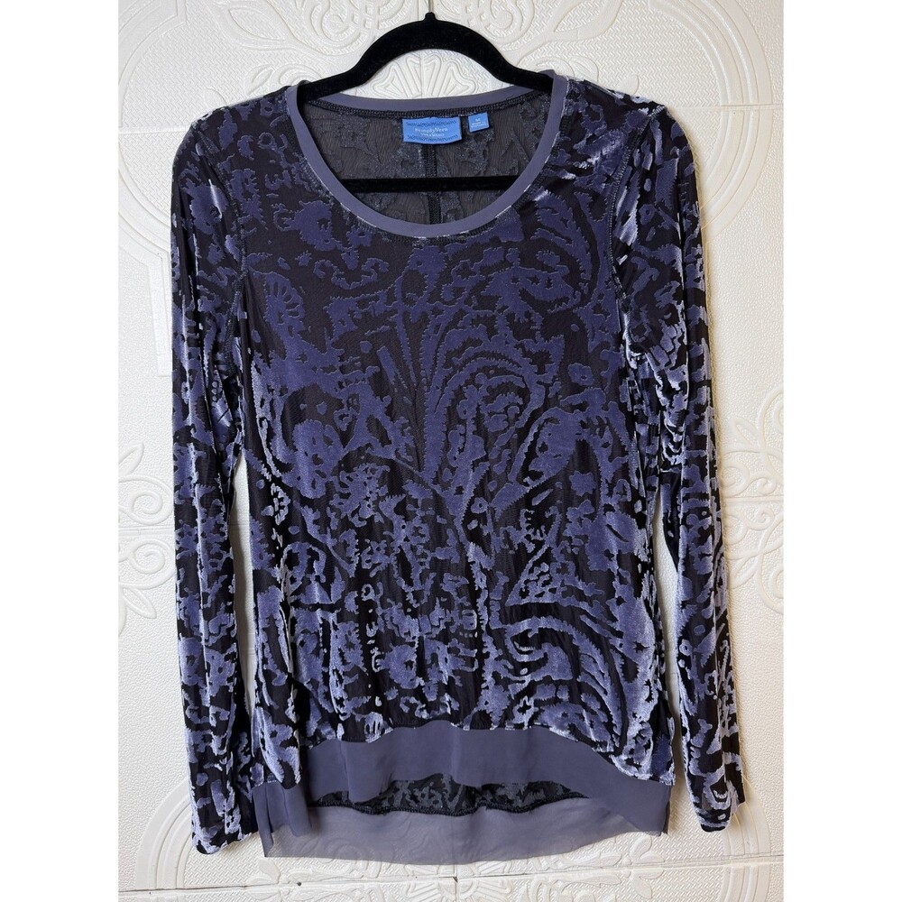 SIMPLY VERA Long Sleeve GRAY/BLUE Sheer Shimmery‎ Burnout Velvet Top  M, SKU150